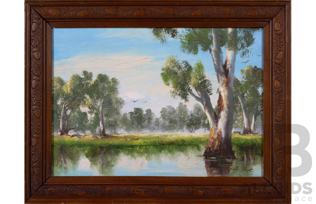 Betty Scott, (Early 20th Century, Australian, 1892-?), Murray River Bends Country, (1979), Oil on Board, 33 x 43 cm (frame)