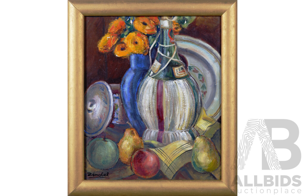 Pierre Zenobel, (20th Century, French, 1905-1996), Nature Morte a La Bouteille De Chianti, Vase Et Souci, [Still LIfe of Chianti and Vase], c1960-70, Oil on Board, 54 x 47 cm (frame)