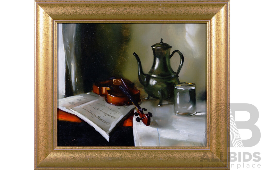 Bubel Yevgeny Iosifovich, (20th Century, Russian), Still Life - Violin and Teapot, Oil on Canvas, 46 x 52 cm (frame)