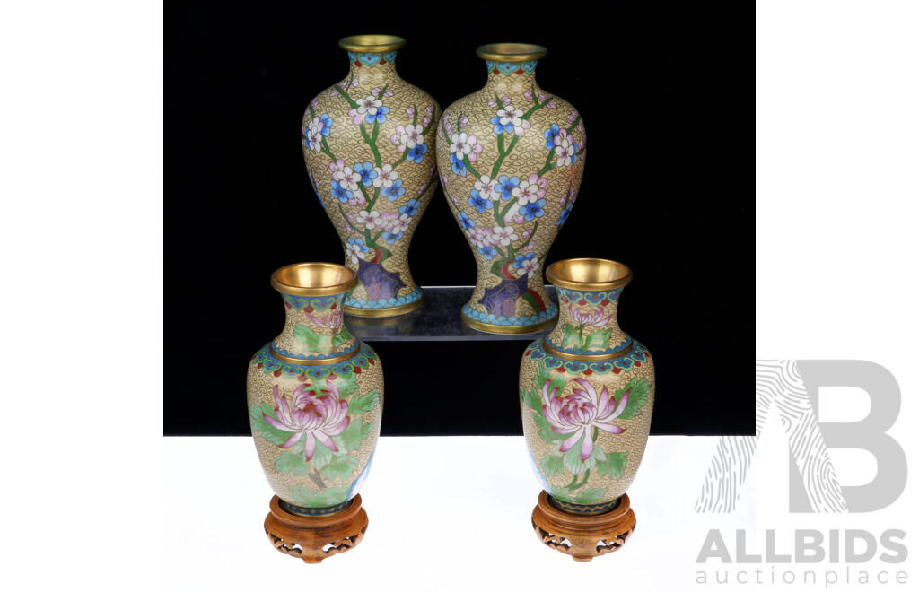 Collection Two Pairs Asian Cloisonne Vases, One Pair with Carved Wooden Stands