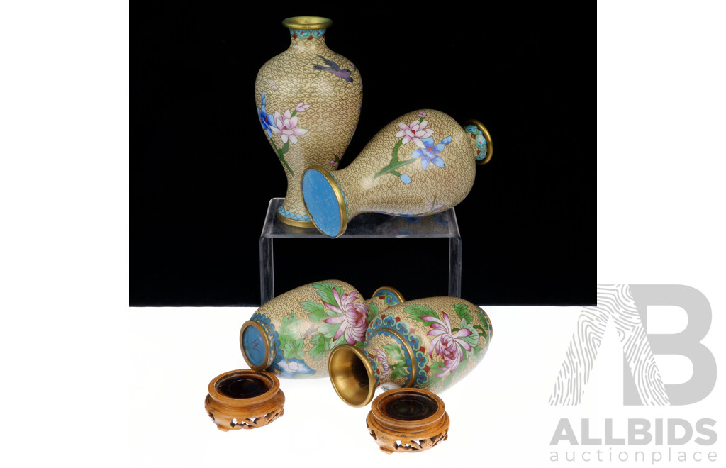 Collection Two Pairs Asian Cloisonne Vases, One Pair with Carved Wooden Stands