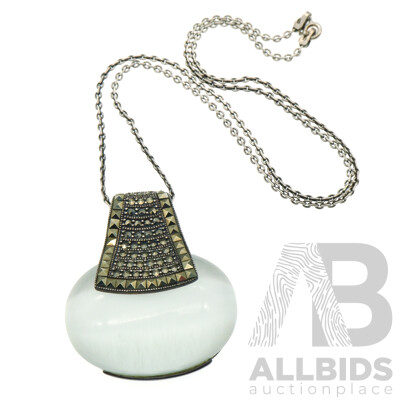 Sterling Silver Moonstone Cabochon & Marcasite Pendant, 45mm on a SS Fancy Link Chain, 45cm, 28.58 Grams