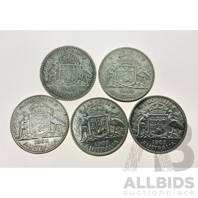 Five Australian QE2 Silver Florins, 1958, 1962(3) 1963