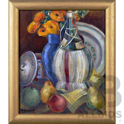 Pierre Zenobel, (20th Century, French, 1905-1996), Nature Morte a La Bouteille De Chianti, Vase Et Souci, [Still LIfe of Chianti and Vase], c1960-70, Oil on Board, 54 x 47 cm (frame)