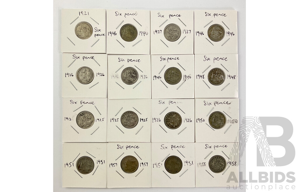 Collection of Australian Silver Sixpence Coins Including Seven Pre 1945 and Nine Post 1945