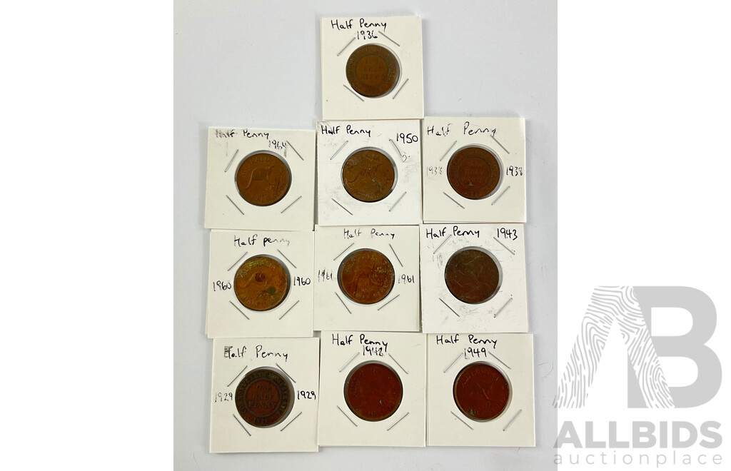 Collection of Australian Half Pennies Examples From 1929 to 1964