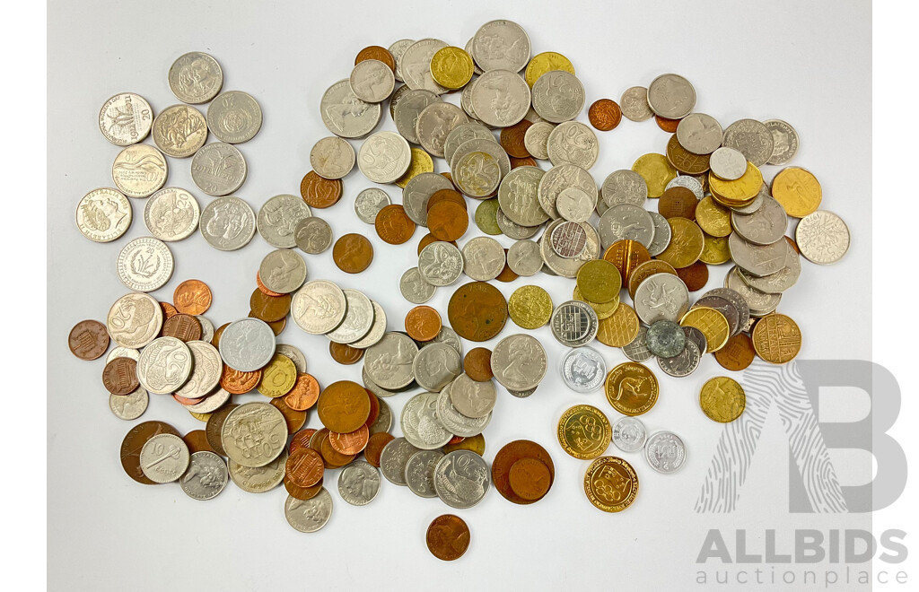 Collection of International Coins Including Commemorative Australian Twenty Cent Coins and Tokens, France, New Zealand, USA, Hong Kong and More - Approximately 1.35 Kilograms