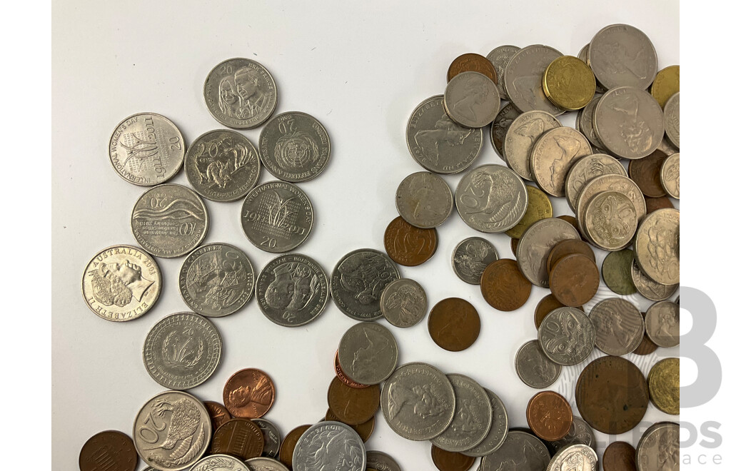 Collection of International Coins Including Commemorative Australian Twenty Cent Coins and Tokens, France, New Zealand, USA, Hong Kong and More - Approximately 1.35 Kilograms