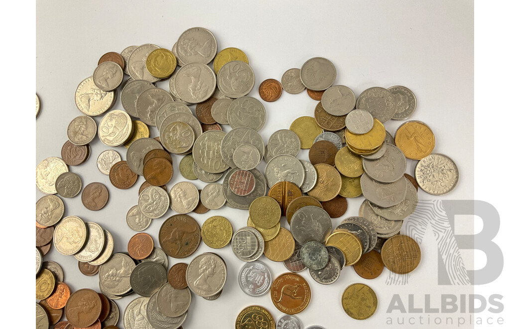 Collection of International Coins Including Commemorative Australian Twenty Cent Coins and Tokens, France, New Zealand, USA, Hong Kong and More - Approximately 1.35 Kilograms