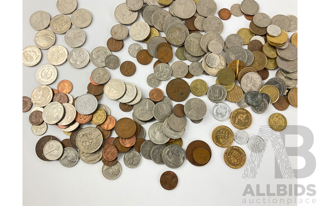 Collection of International Coins Including Commemorative Australian Twenty Cent Coins and Tokens, France, New Zealand, USA, Hong Kong and More - Approximately 1.35 Kilograms