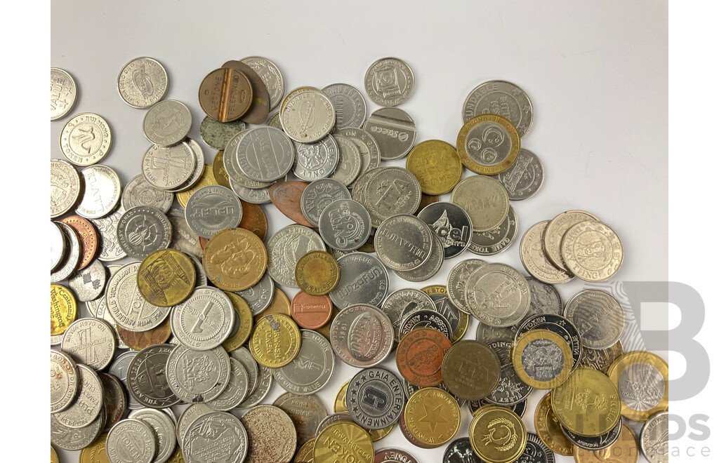 Collection of International Coins and Tokens Including AMF, Italian Phone, Super Stars of League, Sydney Harbour Bridge Commemorative and More - Approximately 1.65 Kilograms