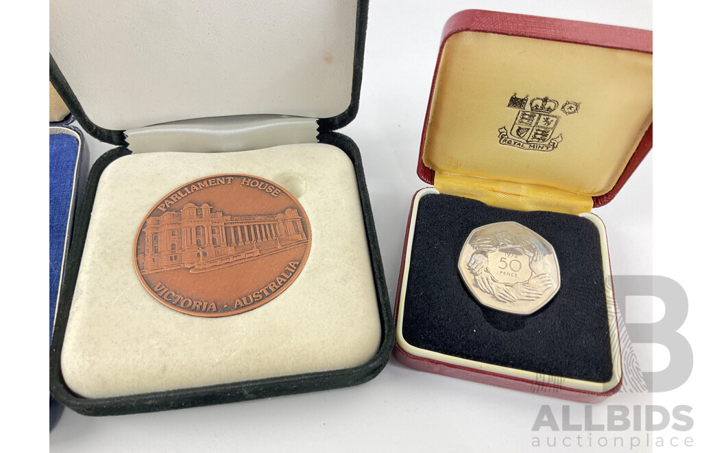 Commemorative Medallions Including RAM Bronze Decimal Medal, Victorian Parliament House, Royal Mint Charles Dickens Centenary, 1978 Royal Mint Fifty Pence