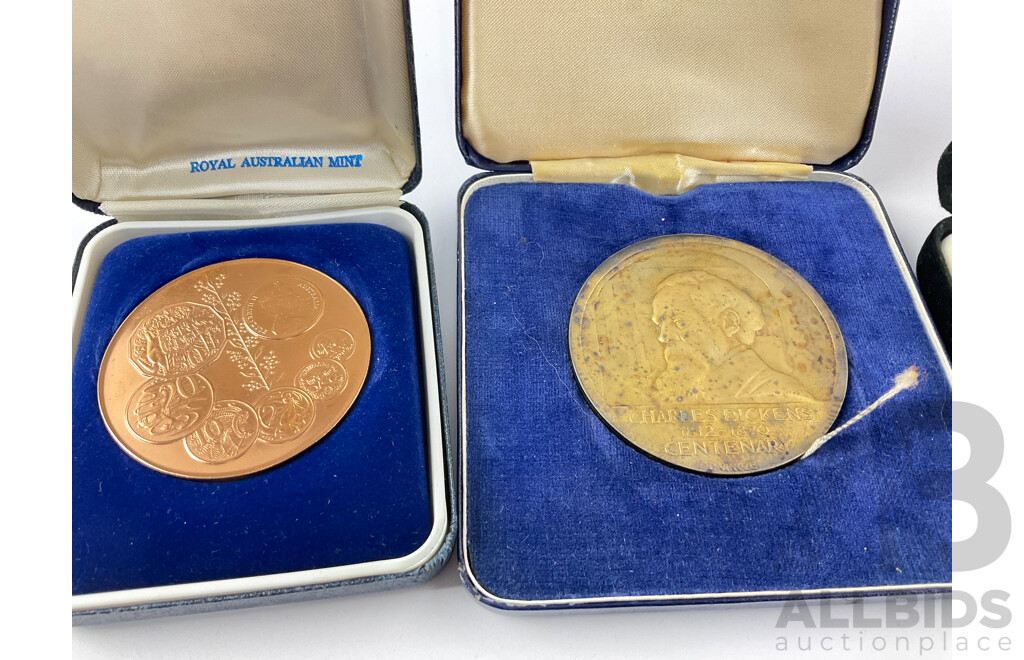 Commemorative Medallions Including RAM Bronze Decimal Medal, Victorian Parliament House, Royal Mint Charles Dickens Centenary, 1978 Royal Mint Fifty Pence