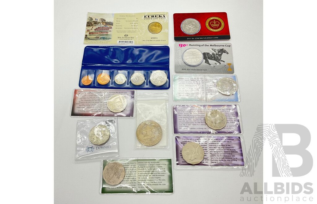 Australian Commemorative Coins Including Fifty Cents 2011 Royal Wedding, 2010 150th Melbourne Cup, 2003 Volunteer, 2000 Millennium, 1988 Bicentennial, 2000 Royal Visit, 2005 Remembrance, 2004 One Dollar and More