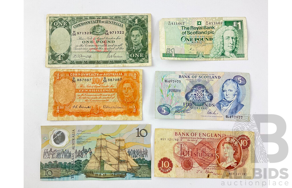 Collection of Bank Notes Including Australian Ten Shillings Coombs/Wilson, One Pound Armitage/Mcfarlane, 1988 Ten Dollar Bicentennial Scotland Five and One Pound, UK Ten Shillings