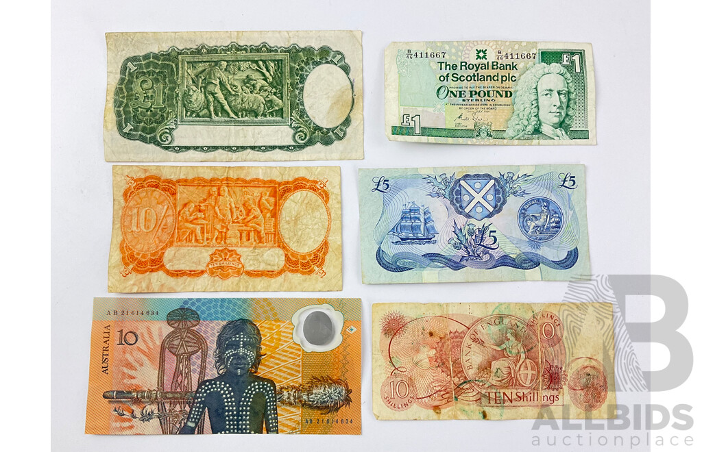 Collection of Bank Notes Including Australian Ten Shillings Coombs/Wilson, One Pound Armitage/Mcfarlane, 1988 Ten Dollar Bicentennial Scotland Five and One Pound, UK Ten Shillings