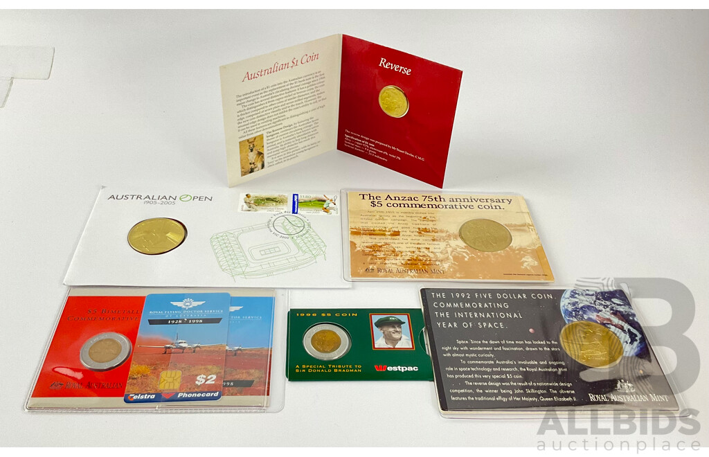 Australian Commemorative Coins Including UNC 1984 One Dollar, 1996 Five Dollar Bradman, 1998 Five Dollar Royal Flying Doctors, 1992 Five Dollar Year of Space, 1990 Five Dollar ANZAC and 2005 Australia Open FDC