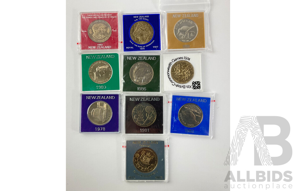 Ten New Zealand Commemorative Coins, 1980's and 1970's