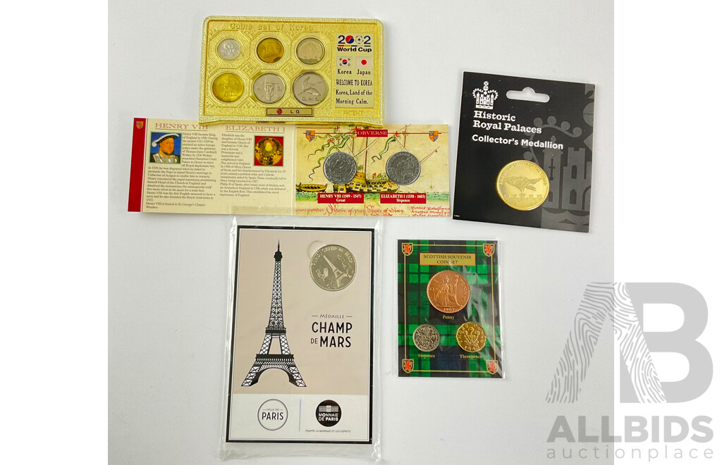 Collection of Carded Coins Including Historic Royal Palaces, Scottish Coin Set, Korea Coin Set, Henry VIII and Elizabeth  Groat and Sixpence