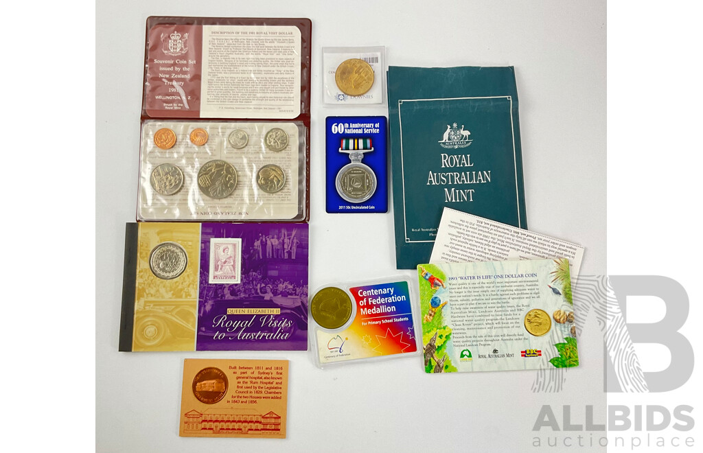 Australian and New Zealand Carded Coins Including 1993 One Dollar Land Care, 2011 Fifty Cent 60th Anniversary of National Service, 2006 Fifty Cent QE2 Royal Visit New Zealand 1981 UNC Set and More