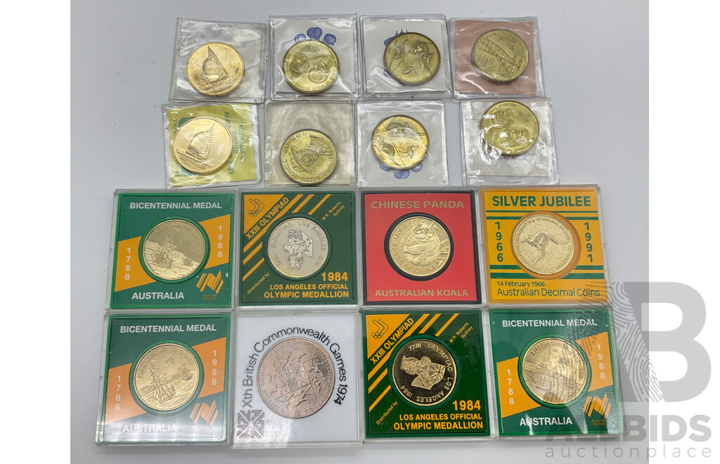 Collection of Australian Medallions Including 1983 Americas Cup, 1988 Bicentennial, Panda/Koala and More