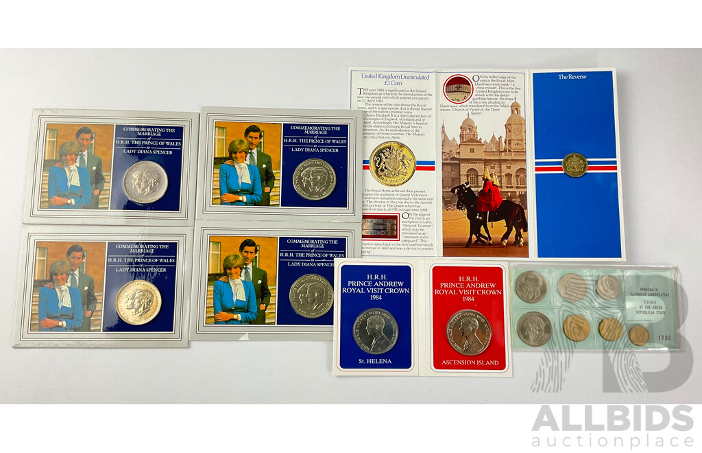 United Kingdom Commemorative Coins Including 1983 UNC One Pound, 1981 Charles and Diana Wedding Crowns(4) 1984 St Helena and Ascension Island Prince Andrew Visit Fifty Pence, 1980 Greek Coin Set