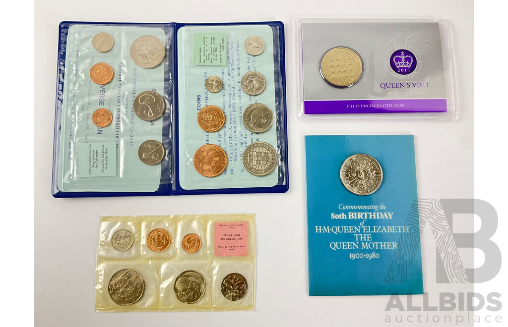 Collection of Commonwealth Coin Sets Including Australia 2011 Five Dollar Queens Visit, Fiji and New Zealand UNC Sets