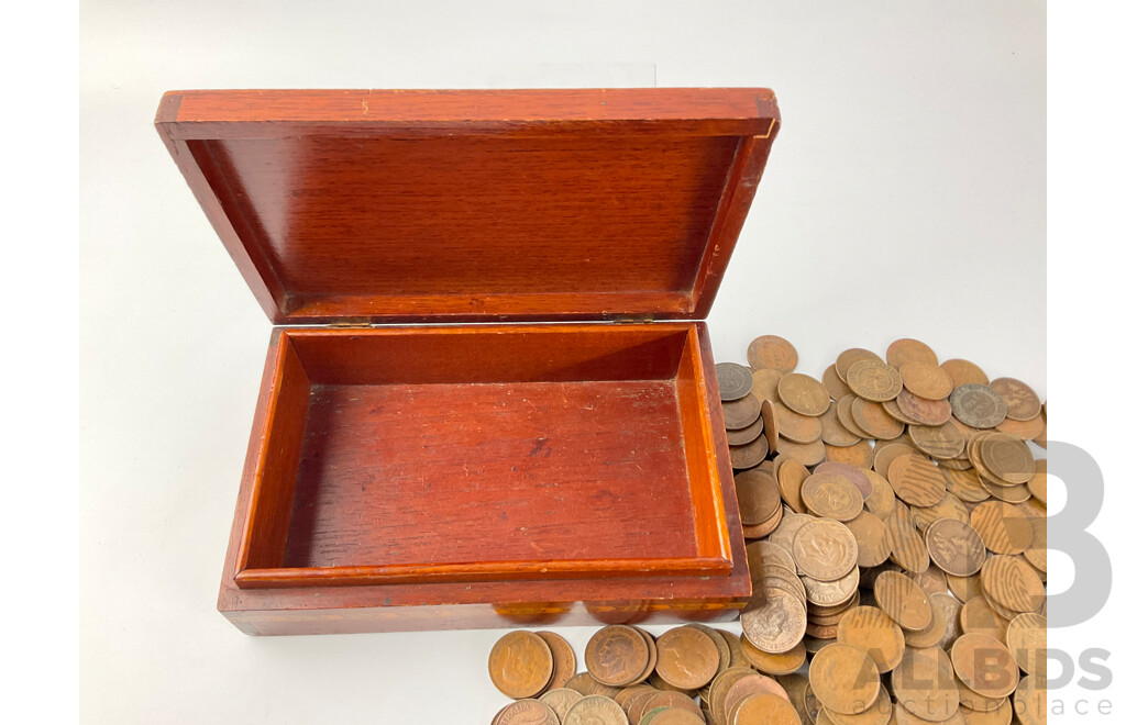 Collection of Australian KGV, KGVI and QE2 Pennies with Solid Timber Box - Approximately 3.25 Kilograms