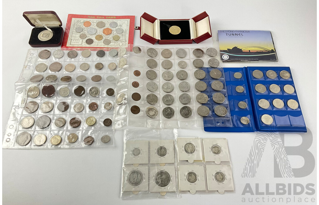 Collection of International Coins and Medallions Including Australian 1924-27 Theepence, Sixpence and Florins, Commemorative Twenty Cent Coins, Asia Coins Set, Nederlands Coin Set, 1969 Nickel Coinage and 1988 First State Medallions