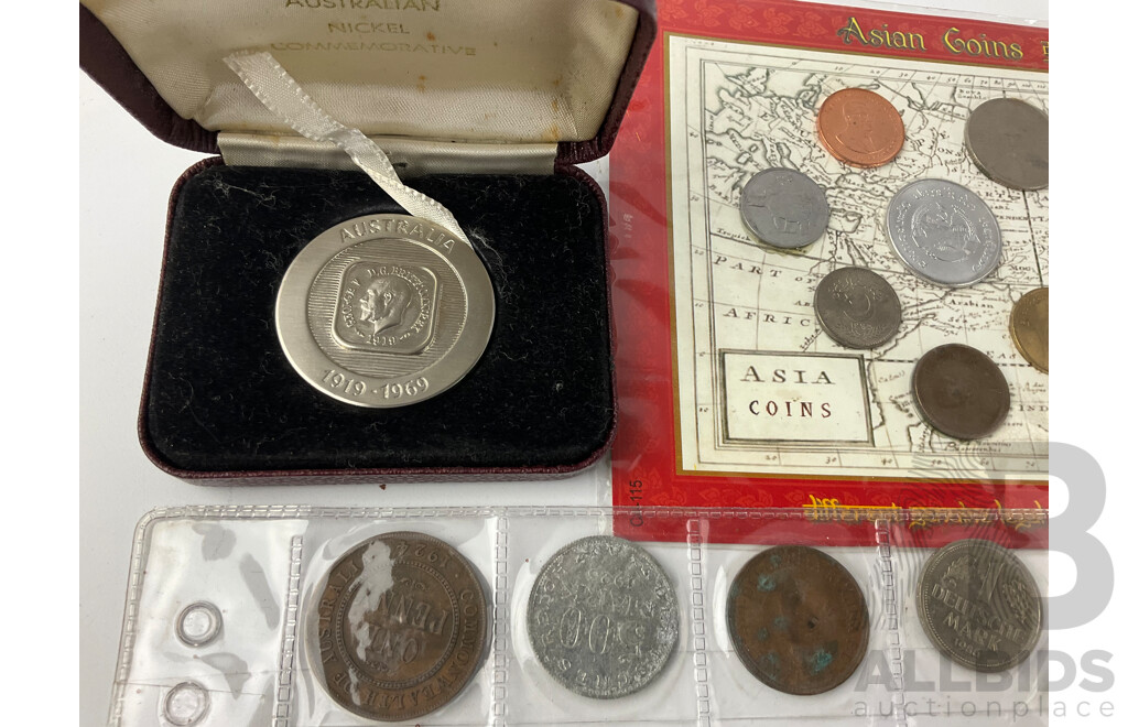 Collection of International Coins and Medallions Including Australian 1924-27 Theepence, Sixpence and Florins, Commemorative Twenty Cent Coins, Asia Coins Set, Nederlands Coin Set, 1969 Nickel Coinage and 1988 First State Medallions