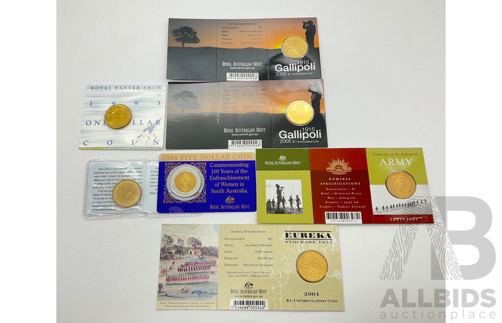 Australian Commemorative Coins Including 1993 One Dollar Land Care(2), 1994 Five Dollar Women Enfranchisement, 2005 One Dollar Gallipoli 'C' Mint Mark(2) 2001 One Dollar Army, 2004 One Dollar Eureka