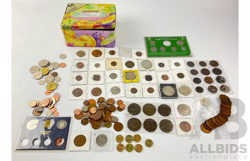 Collection of International Coins Including Australian Commemorative Two Dollars, Pennies, UK Pennies, Canada, Saudi Arabia, Straights Settlements and More