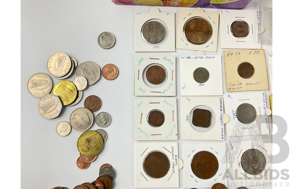 Collection of International Coins Including Australian Commemorative Two Dollars, Pennies, UK Pennies, Canada, Saudi Arabia, Straights Settlements and More