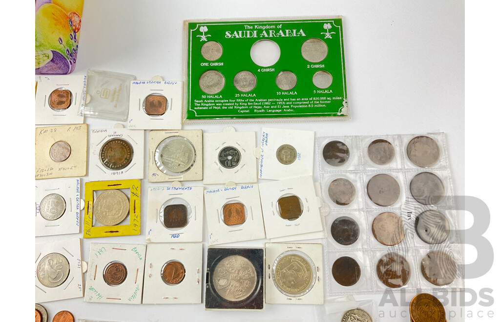 Collection of International Coins Including Australian Commemorative Two Dollars, Pennies, UK Pennies, Canada, Saudi Arabia, Straights Settlements and More