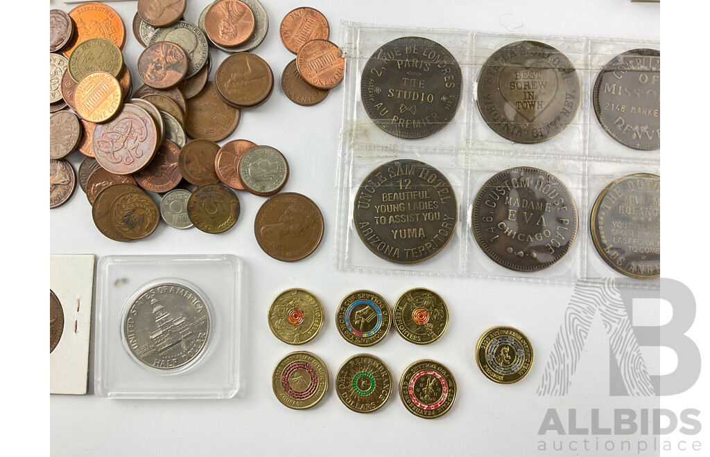 Collection of International Coins Including Australian Commemorative Two Dollars, Pennies, UK Pennies, Canada, Saudi Arabia, Straights Settlements and More