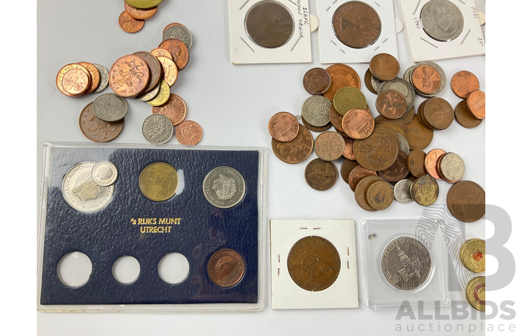 Collection of International Coins Including Australian Commemorative Two Dollars, Pennies, UK Pennies, Canada, Saudi Arabia, Straights Settlements and More