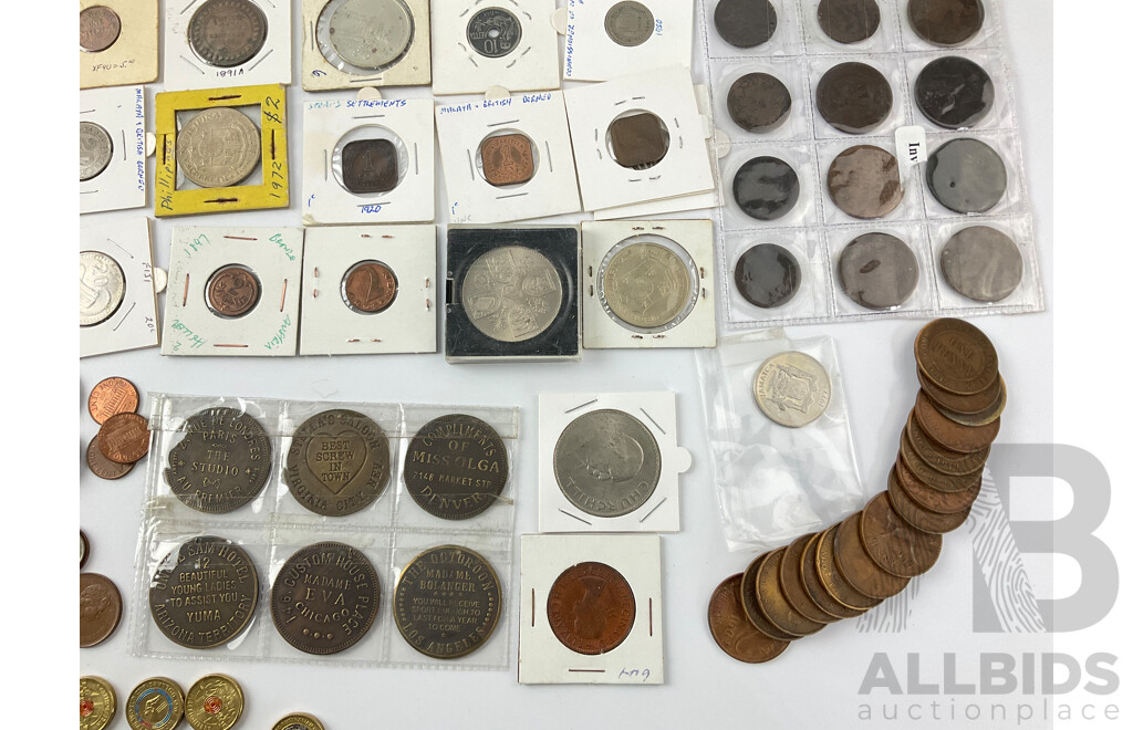 Collection of International Coins Including Australian Commemorative Two Dollars, Pennies, UK Pennies, Canada, Saudi Arabia, Straights Settlements and More