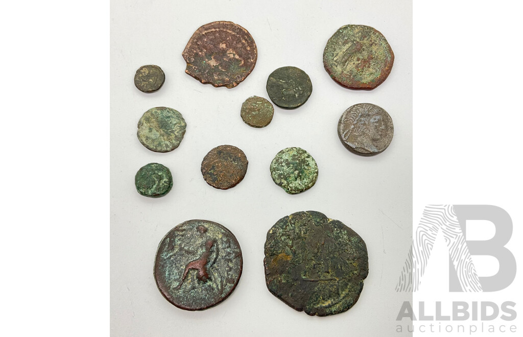 Collection of Twelve Antique Coins, Possibly Greek/Roman