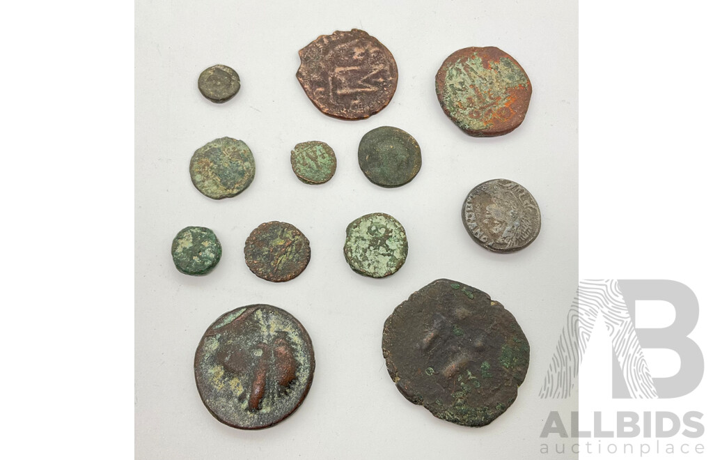 Collection of Twelve Antique Coins, Possibly Greek/Roman