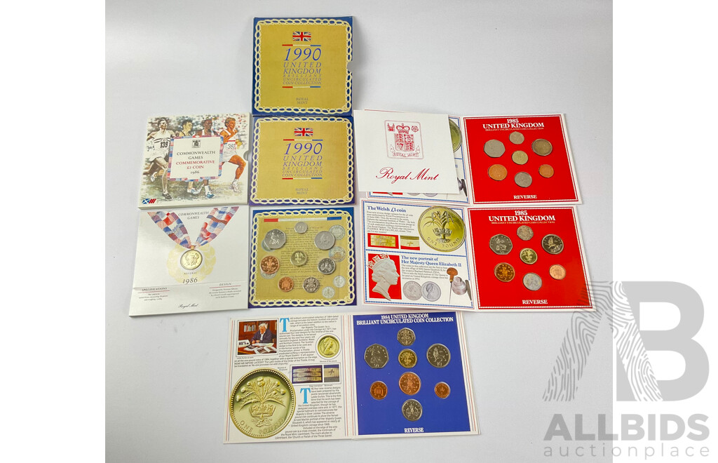 United Kingdom UNC Coins Including 1986 Two Cound Commonwealth Games, 1984, 1985(2) 1990 Sets