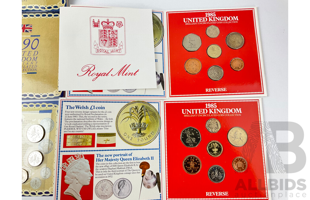 United Kingdom UNC Coins Including 1986 Two Cound Commonwealth Games, 1984, 1985(2) 1990 Sets