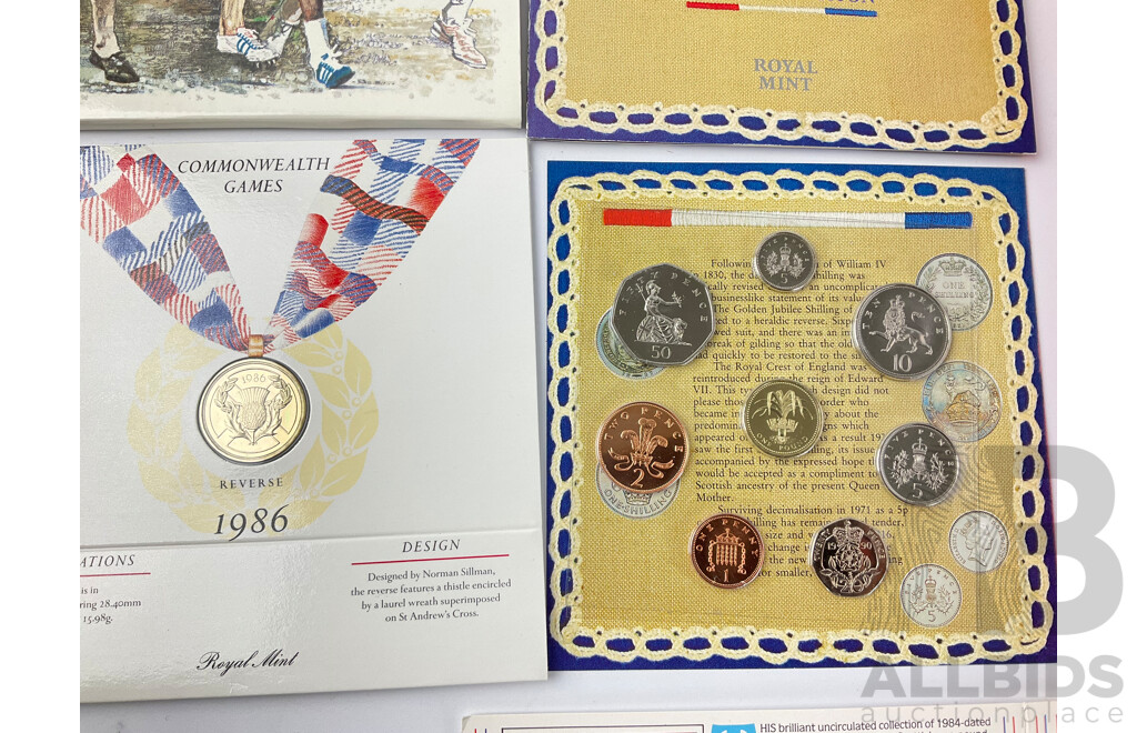 United Kingdom UNC Coins Including 1986 Two Cound Commonwealth Games, 1984, 1985(2) 1990 Sets