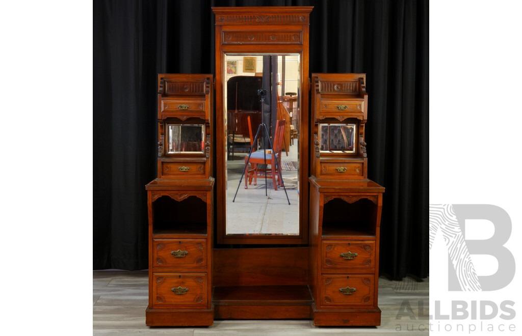 Victorian Mahogany Twin Pedestal Mirrored Back Dresser