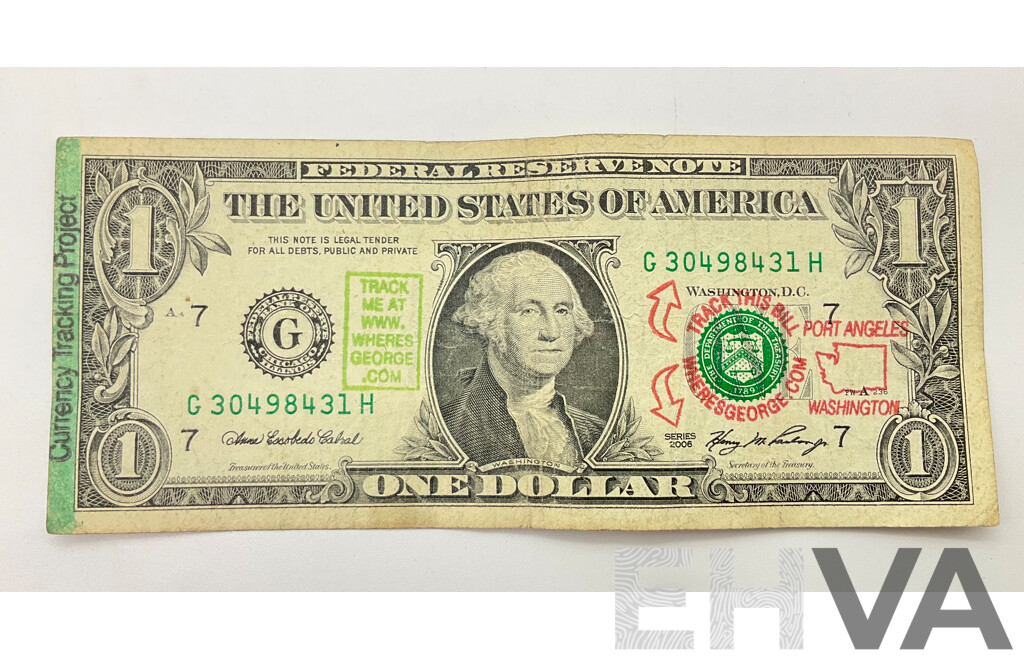 USA 2006 One Dollar Currency Tracking Project Note, Port Angeles Washington