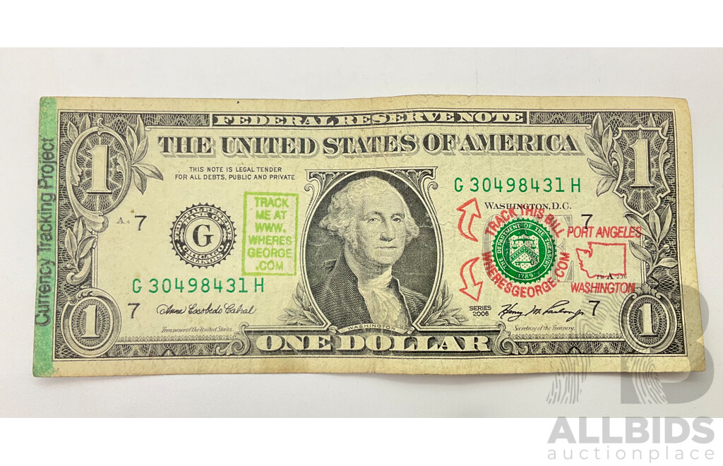 USA 2006 One Dollar Currency Tracking Project Note, Port Angeles Washington