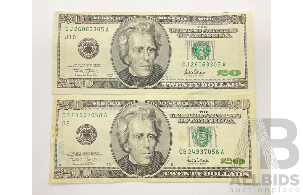 Two USA 2001 Twenty Dollar Notes, Federal Reserve