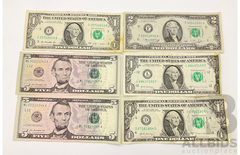 USA Paper Bank Notes Including 1976 Two Dollar, 2017 One Dollar(2) 2013 Five Dollars(2) 2009 One Dollar