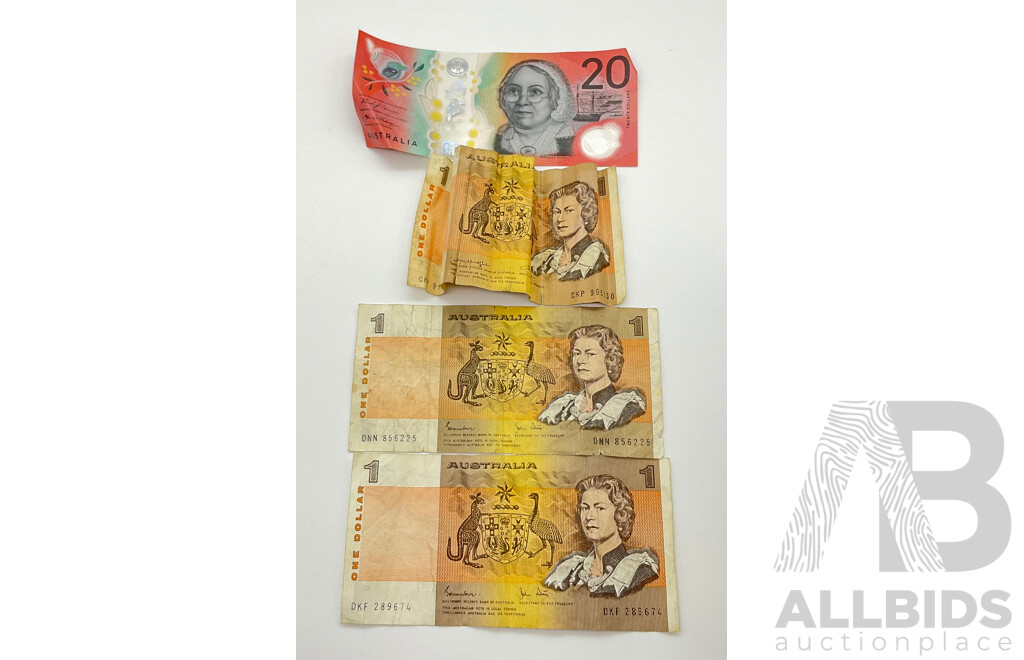 Australian One Dollar Notes Knight/Wheeler and Johston/Stone with Polymer Twenty Dollar