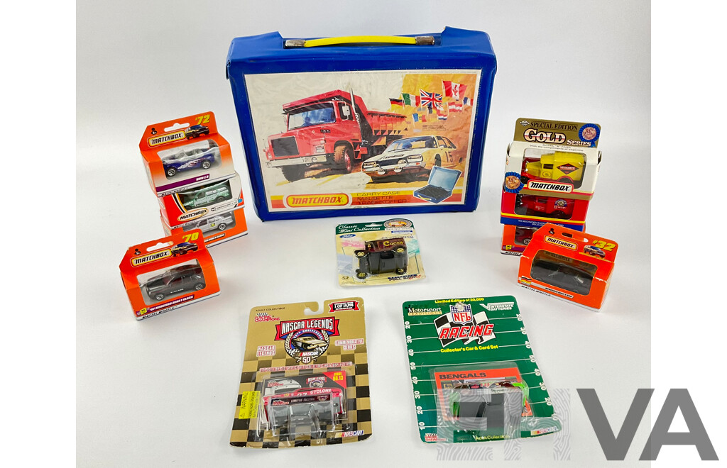 Vintage Matchbox Carry Case, Boxed Matchbox 1990's Cars and Trucks, Limited Edition NASCAR and NFL Cars