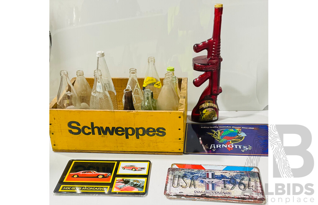 Collection of Vintage Glass Schweppes Bottles, Metal Display Posters and More